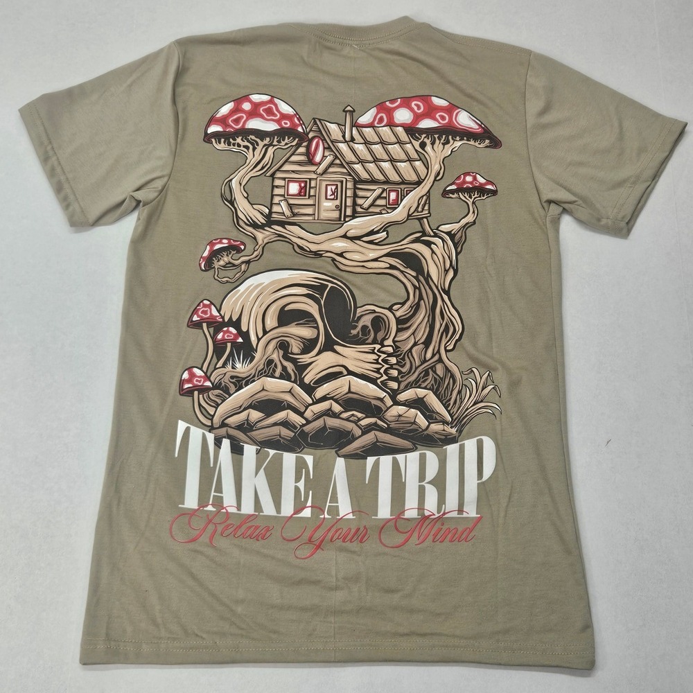 GSTR Mens Mushroom Tree‎ Take A Trip Relax Your Mind Graphic T Shirt Tan Medium